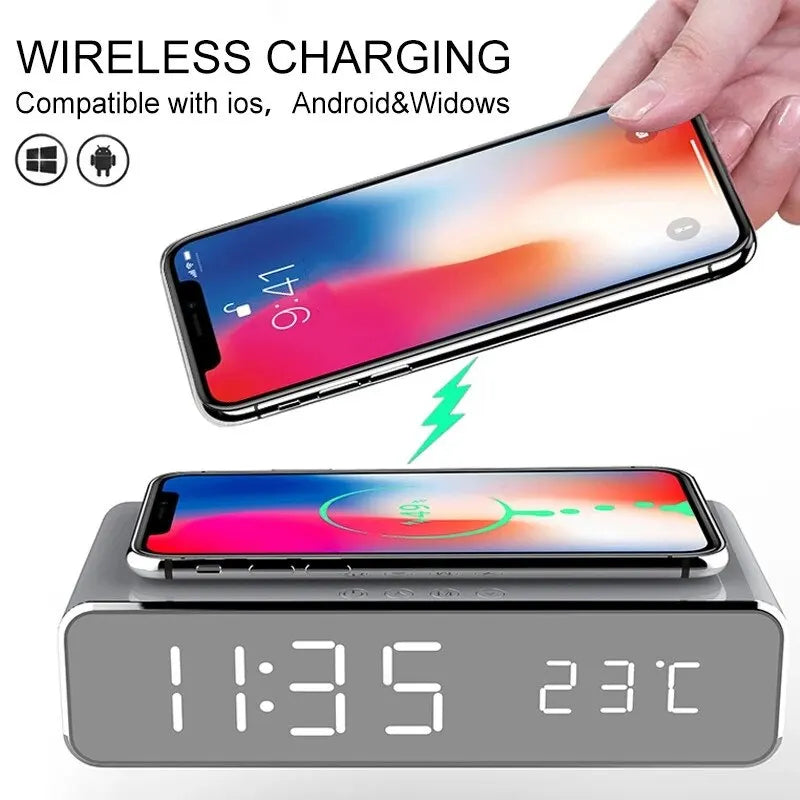 Cargador inalámbrico con alarma, reloj LED, cargador de teléfono, estación de carga rápida para iPhone y Samsung.