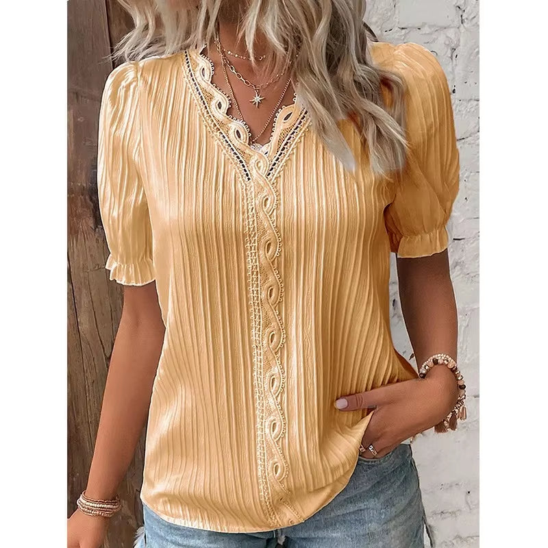 Blusa holgada de manga corta con cuello en V para mujer