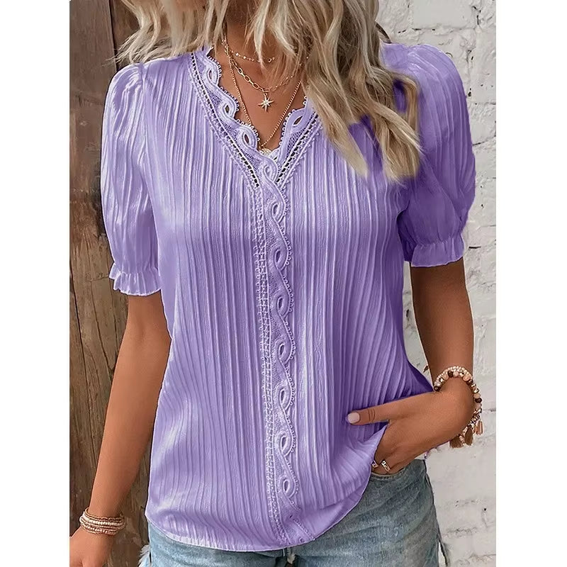 Blusa holgada de manga corta con cuello en V para mujer