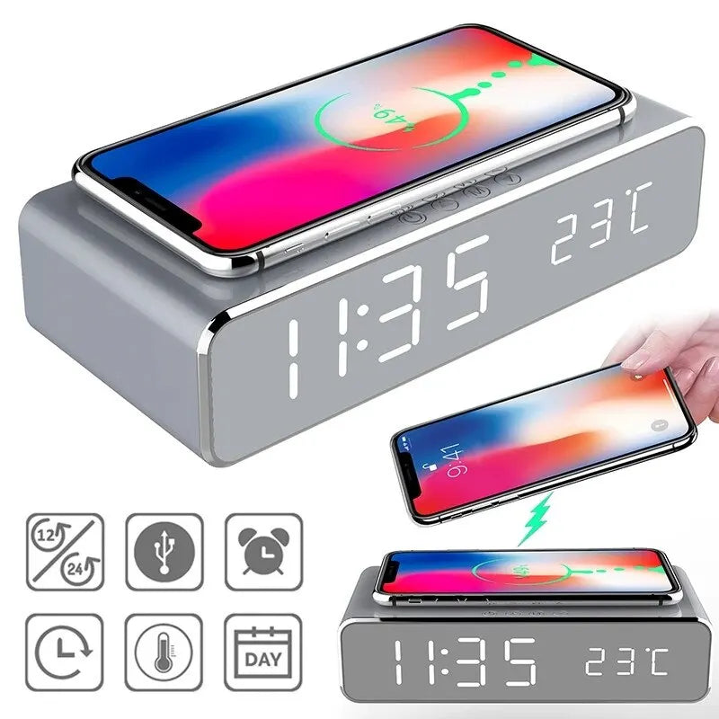 Cargador inalámbrico con alarma, reloj LED, cargador de teléfono, estación de carga rápida para iPhone y Samsung.