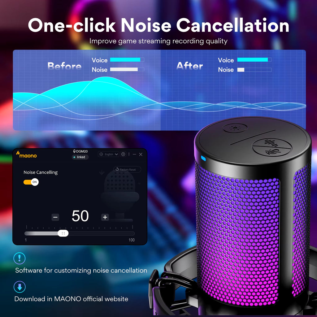 Micrófono para juegos DGM20 con software de reducción de ruido, ganancia de micrófono y silenciador de una tecla.