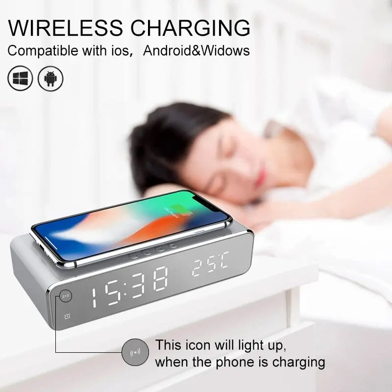 Cargador inalámbrico con alarma, reloj LED, cargador de teléfono, estación de carga rápida para iPhone y Samsung.