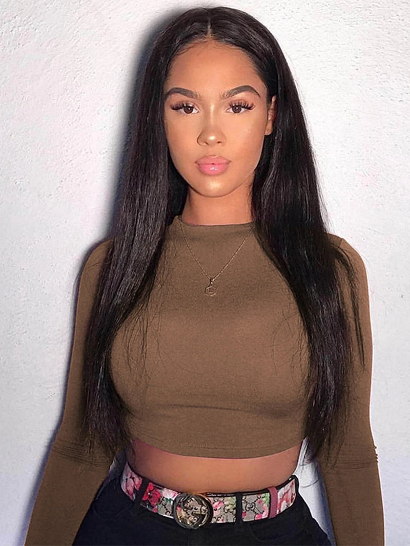 Camiseta básica lisa de manga larga para mujer