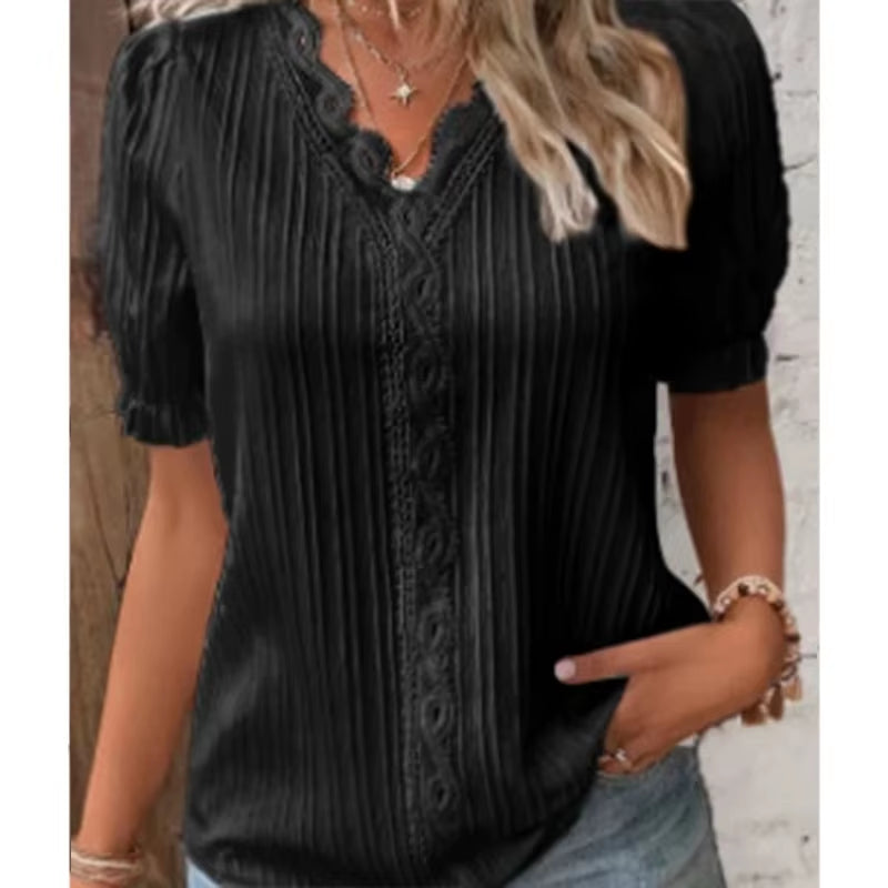 Blusa holgada de manga corta con cuello en V para mujer