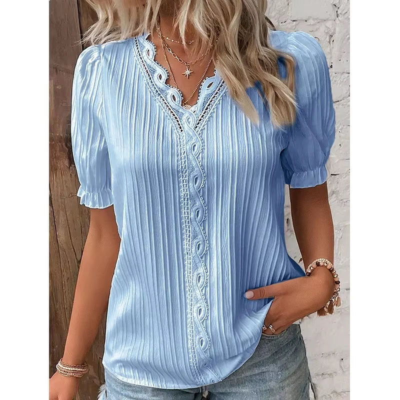 Blusa holgada de manga corta con cuello en V para mujer